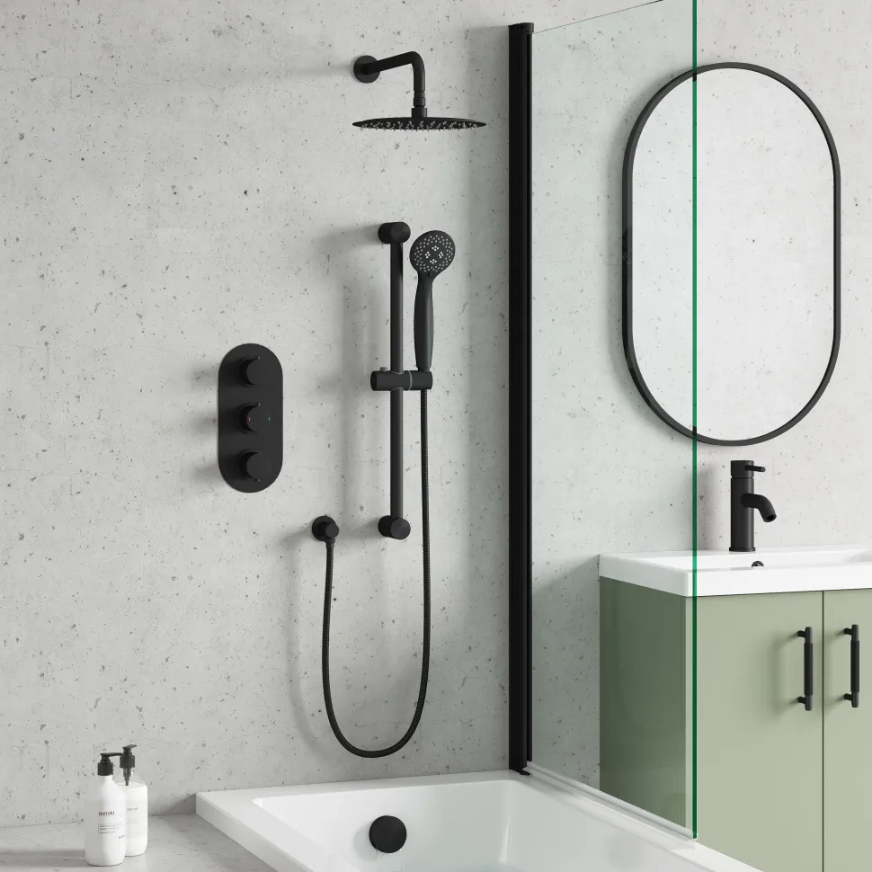 Harbour Clarity Matt Black Shower Package with 3 Outlet Valve, Fixed Head & Arm, Shower Rail Kit & Overflow Bath Filler