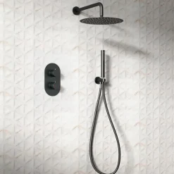Harbour Clarity Matt Black Shower Package with 2 Outlet Valve, Fixed Head & Arm and Wall Shower Kit