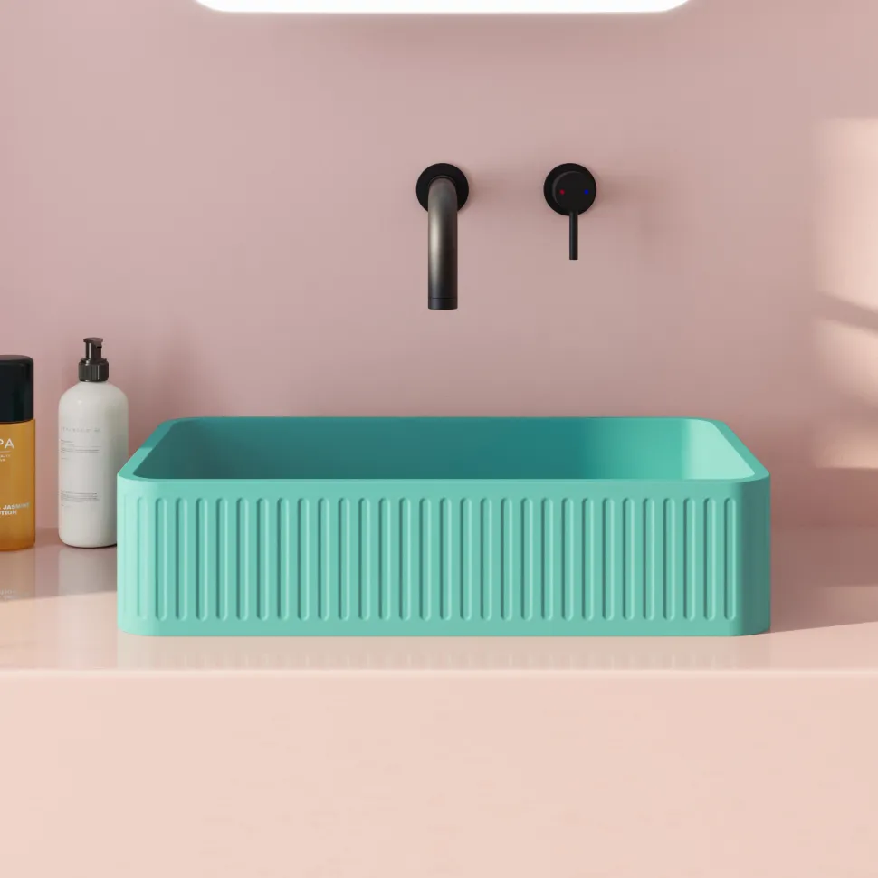 Harbour Concrete 520mm Fluted Rectangular Countertop Basin - Seafoam Green