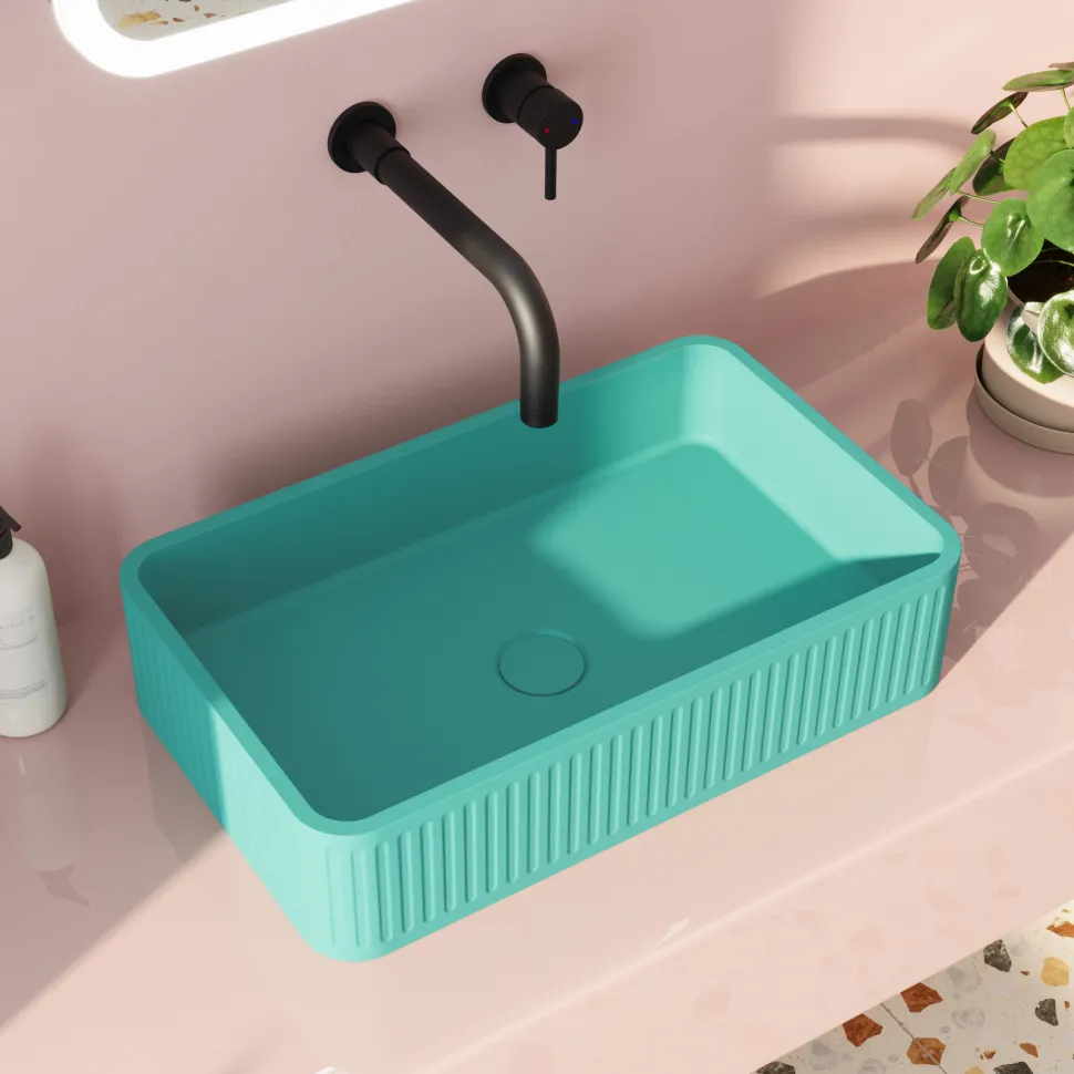 Harbour Concrete 520mm Fluted Rectangular Countertop Basin - Seafoam Green