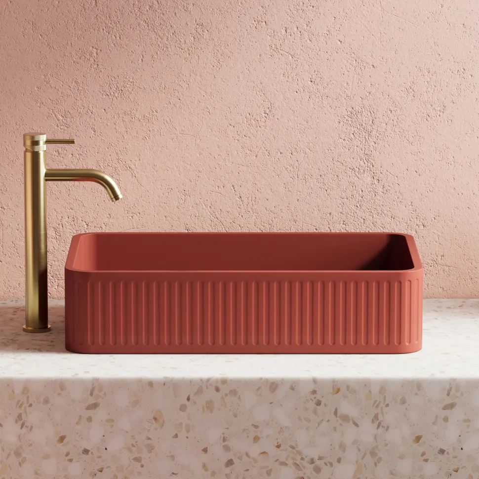 Harbour Concrete 520mm Fluted Rectangular Countertop Basin - Brick Red