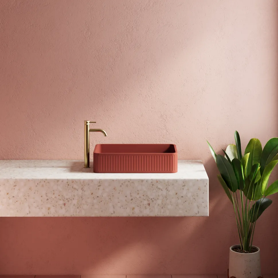 Harbour Concrete 520mm Fluted Rectangular Countertop Basin - Brick Red