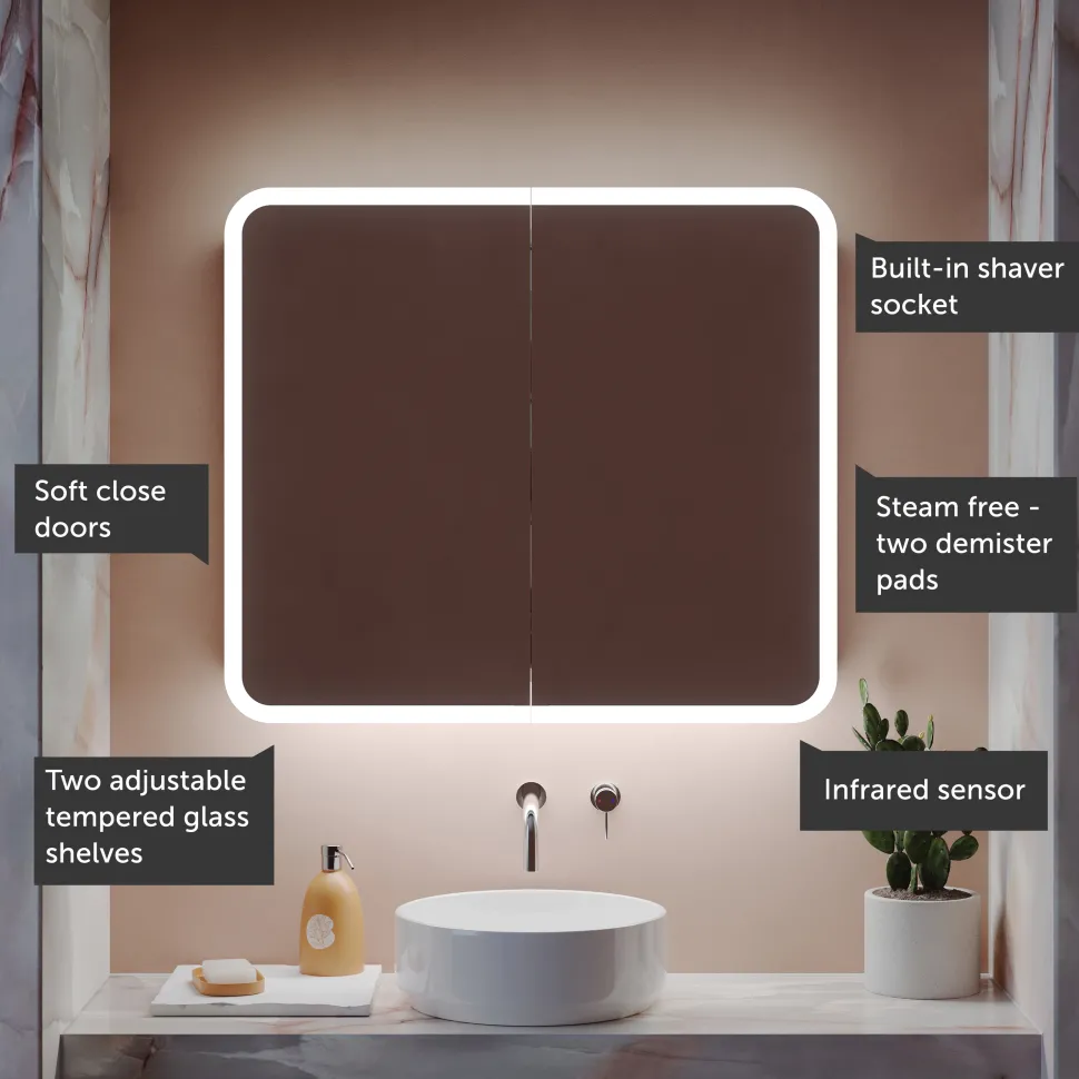 Harbour Design LED Mirrored Cabinet with Demister Pad & Shaver Socket - 800 x 700mm
