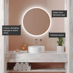 Harbour Glow Round LED Bathroom Mirror with Demister Pad & Colour Change Lights - 600mm