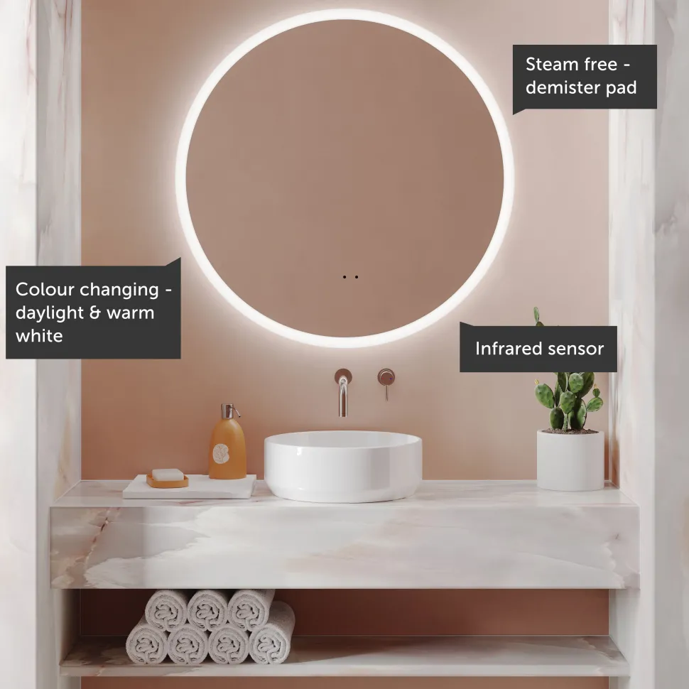 Harbour Glow Round LED Bathroom Mirror with Demister Pad & Colour Change Lights- 800mm