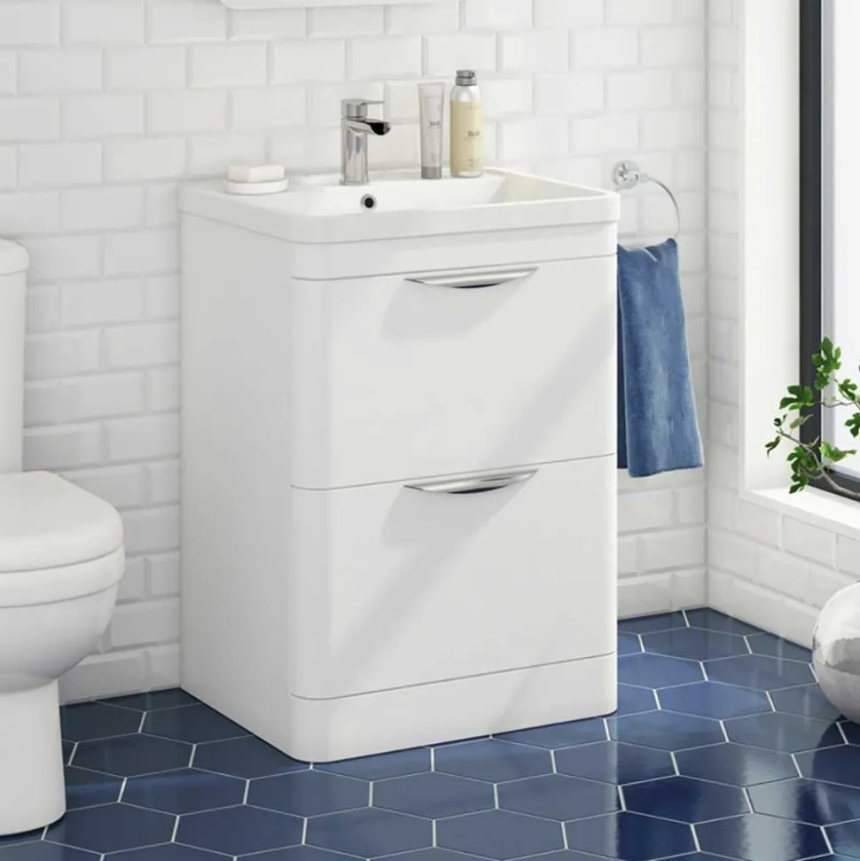 Harbour Grace 600mm Floorstanding Vanity Unit with Polymarble Basin - White Gloss