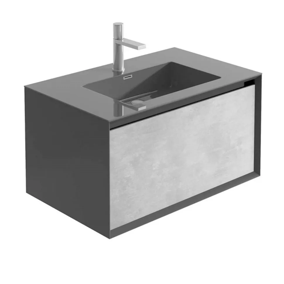 Harbour Scene 750mm Wall Mounted Vanity Unit & Basin - Black/Concrete