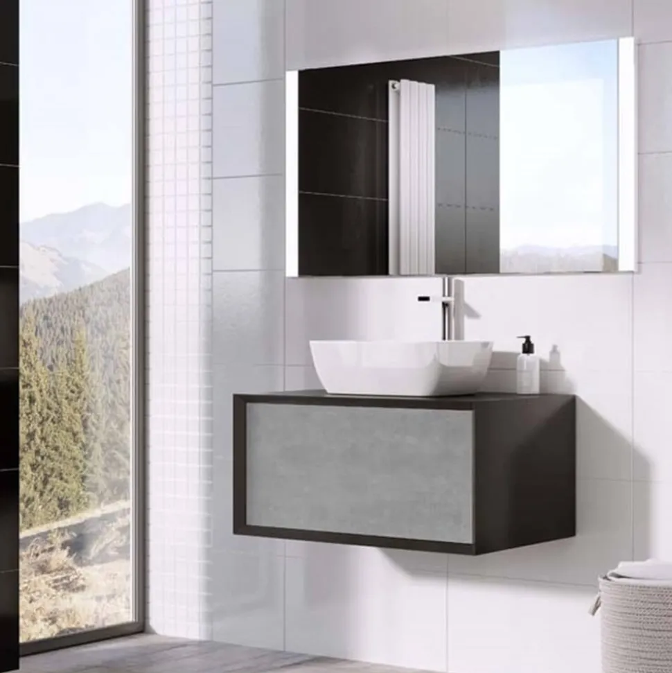 Harbour Scene 800mm Wall Mounted Countertop Vanity Unit - Black/Concrete
