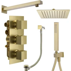 Harbour Status Brushed Brass Shower Package with 3 Outlet Valve, Fixed Head & Arm, Wall Shower Kit and Overflow Bath Filler