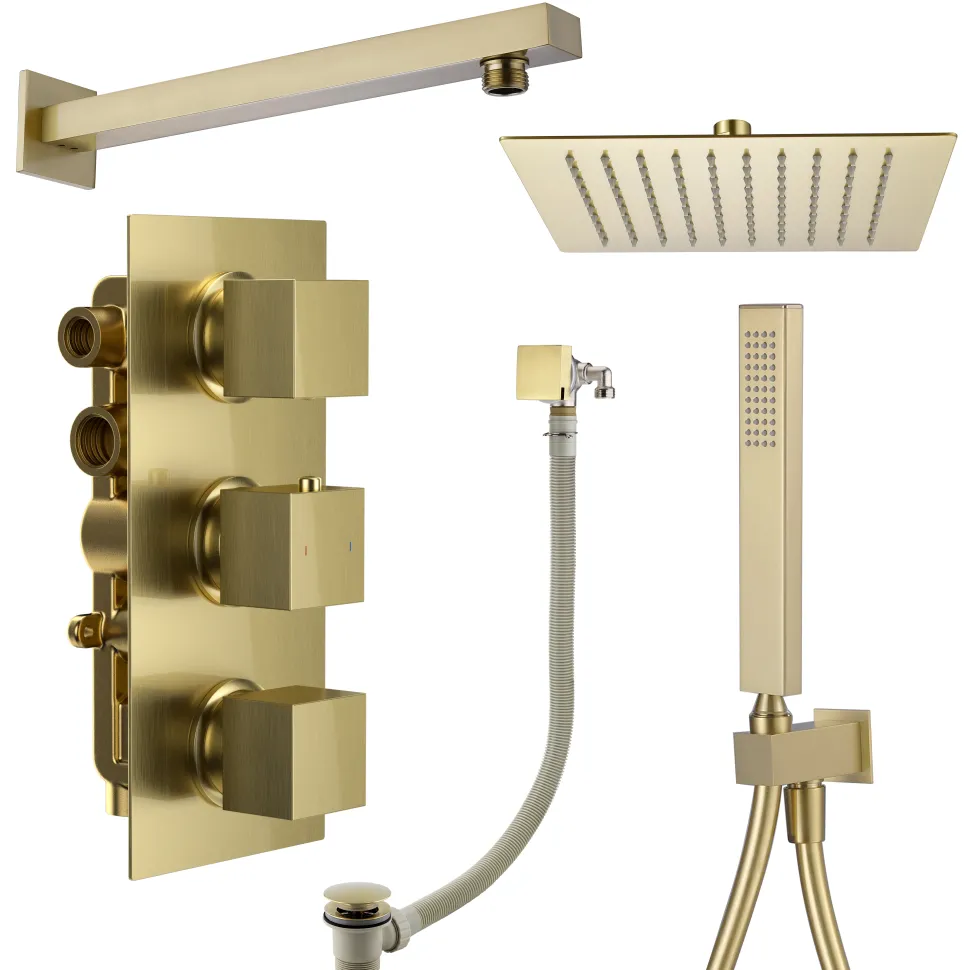 Harbour Status Brushed Brass Shower Package with 3 Outlet Valve, Fixed Head & Arm, Wall Shower Kit and Overflow Bath Filler