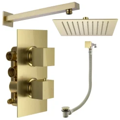 Harbour Status Brushed Brass Shower Package with 2 Outlet Valve, Fixed Head & Arm and Overflow Bath Filler