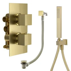 Harbour Status Brushed Brass Shower Package with 2 Outlet Valve, Wall Shower Kit and Overflow Bath Filler