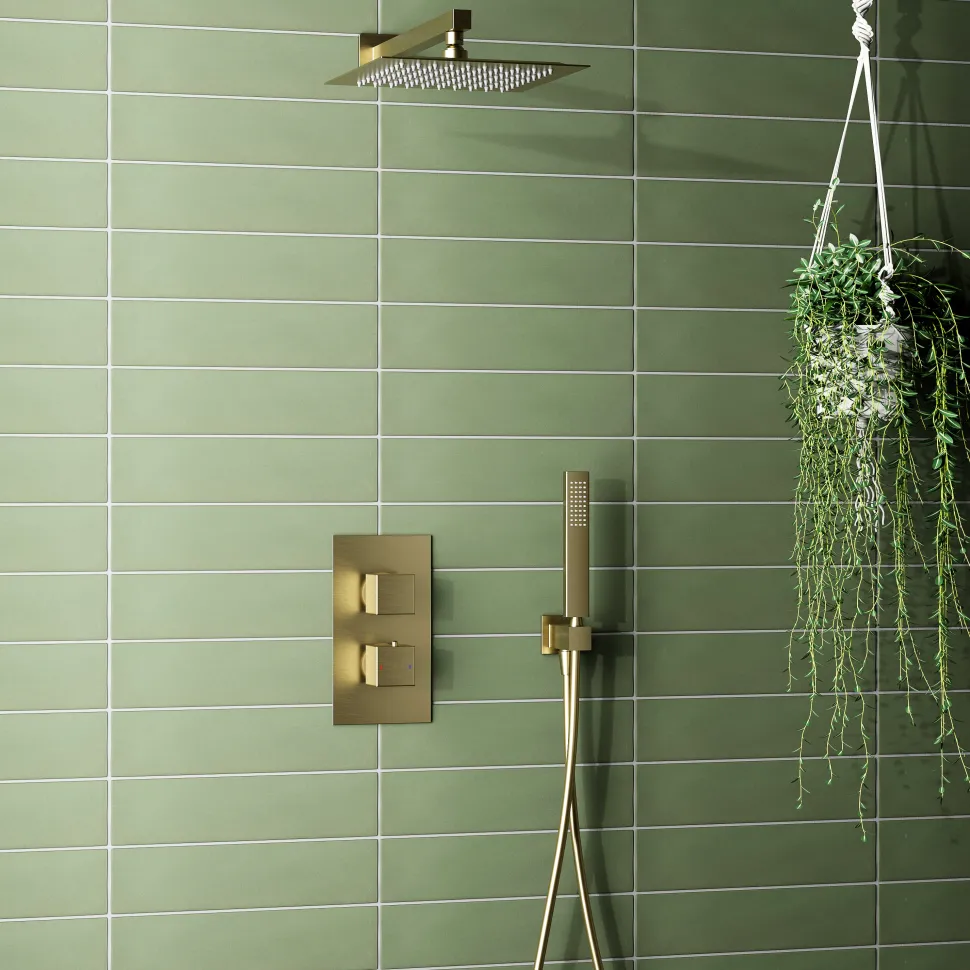 Harbour Status Brushed Brass Shower Package with 2 Outlet Valve, Fixed Head & Arm and Wall Shower Kit