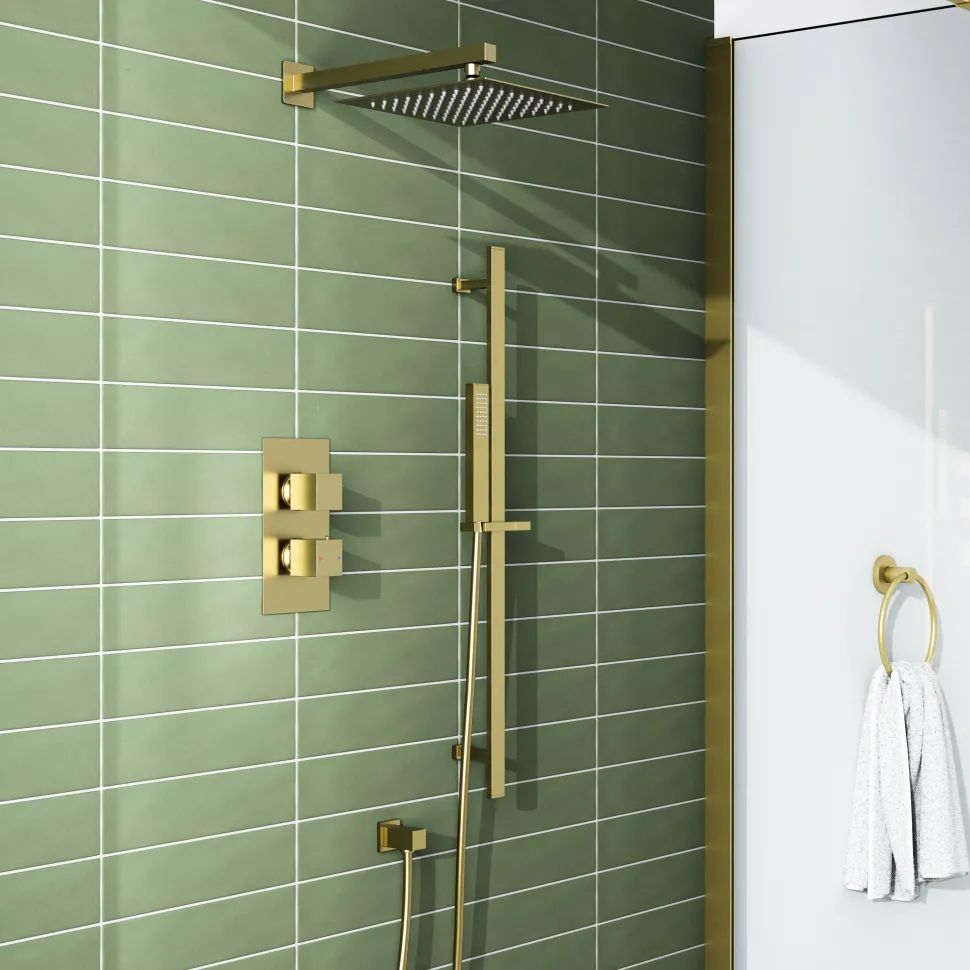 Harbour Status Brushed Brass Shower Package with 2 Outlet Valve, Fixed Head & Arm and Slide Rail Shower Kit