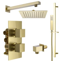 Harbour Status Brushed Brass Shower Package with 2 Outlet Valve, Fixed Head & Arm and Slide Rail Shower Kit