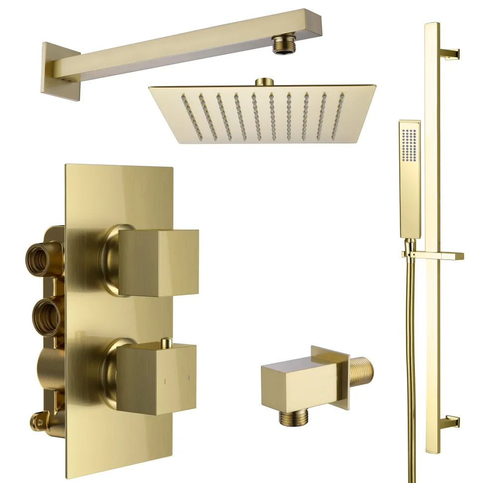 Harbour Status Brushed Brass Shower Package with 2 Outlet Valve, Fixed Head & Arm and Slide Rail Shower Kit