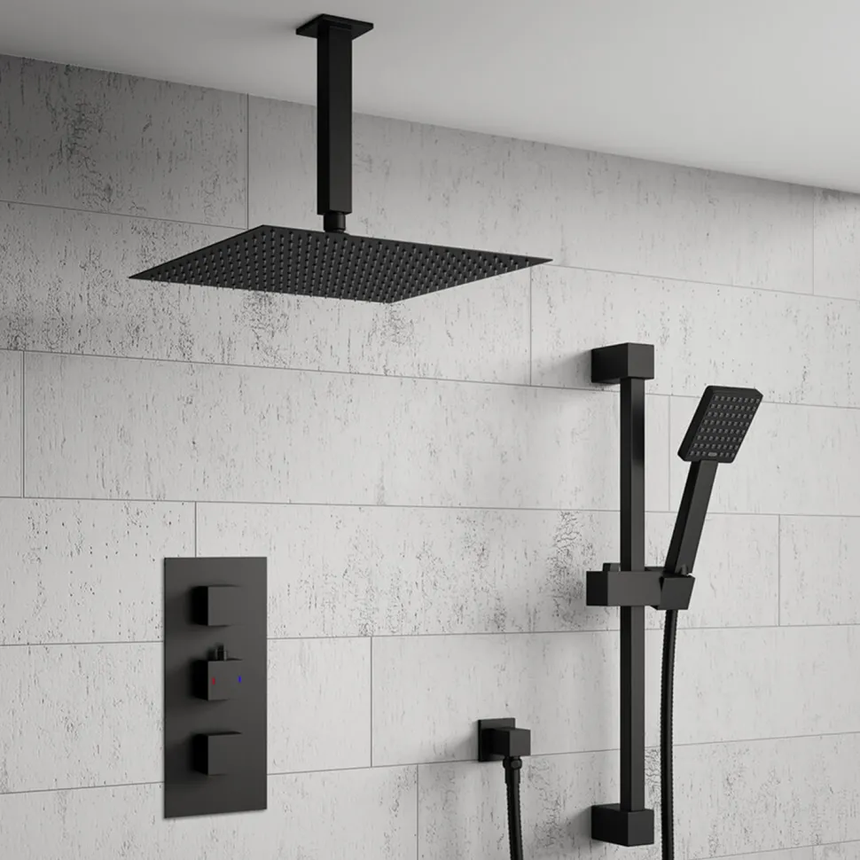 Harbour Status Concealed Shower Valve, Fixed Ceiling Mounted Head & Slide Rail Kit - Matt Black