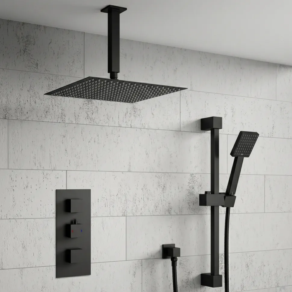 Harbour Status Concealed Shower Valve, Fixed Ceiling Mounted Head & Slide Rail Kit - Matt Black