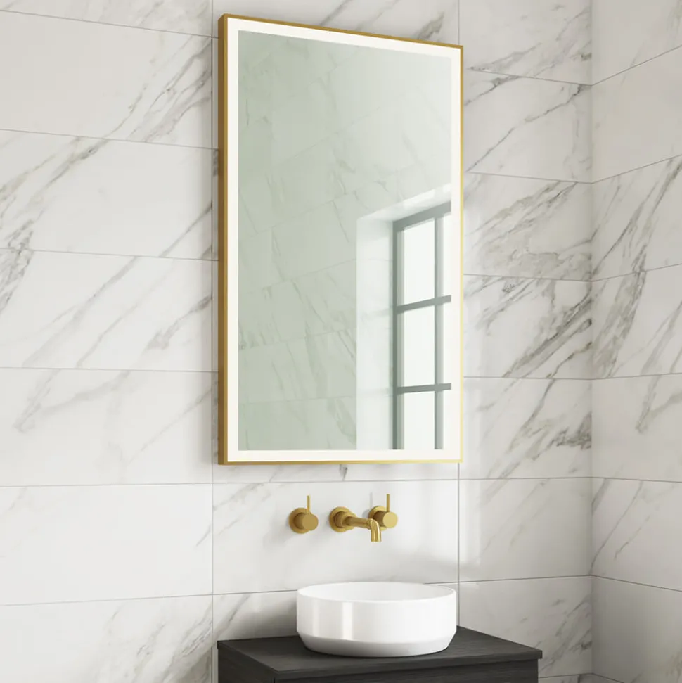 Harbour Status LED Illuminated Brushed Brass Framed Mirror with Demister Pad, Bluetooth & Colour Change LEDs - 600 x 1000mm