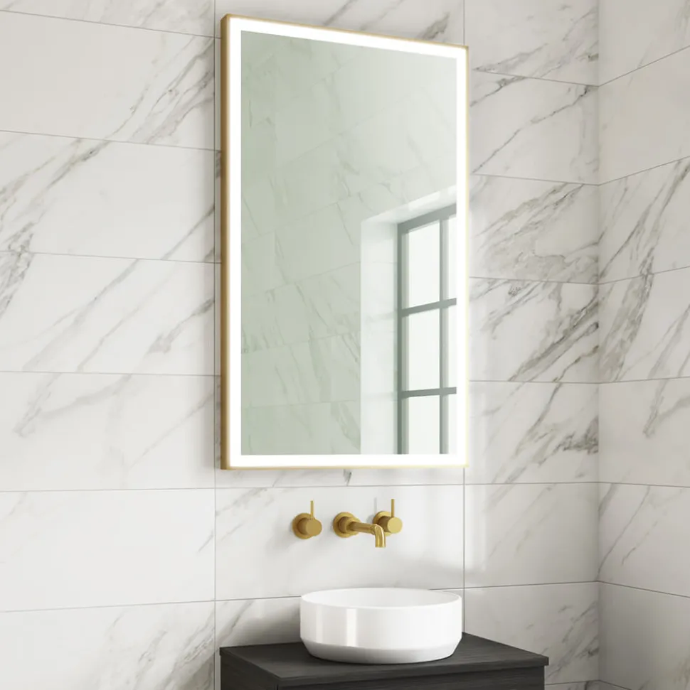 Harbour Status LED Illuminated Brushed Brass Framed Mirror with Demister Pad, Bluetooth & Colour Change LEDs - 600 x 1000mm