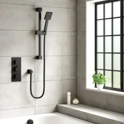 Harbour Status Matt Black Concealed Shower Valve, Shower Riser Rail Kit & Overflow Bath Filler