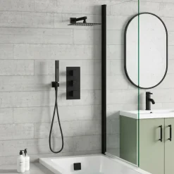 Harbour Status Matt Black Shower Package with 3 Outlet Valve, Fixed Head & Arm, Wall Shower Kit & Overflow Bath Filler