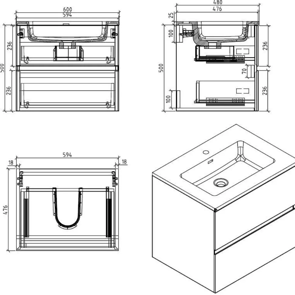 Harbour Substance 600mm 2 Drawer Wall Mounted Vanity Unit & Basin Options - Concrete Effect