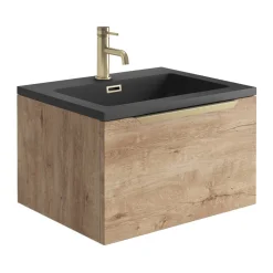 Harbour Virtue 600mm Wall Hung Vanity Unit with LED Illumination, Brushed Brass Handle & Basin