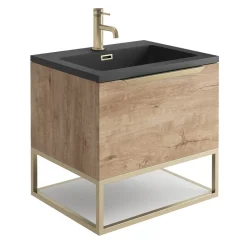 Harbour Virtue 600mm Wall Hung Vanity Unit with LED Illumination, Brushed Brass Frame Shelf and Handle & Basin