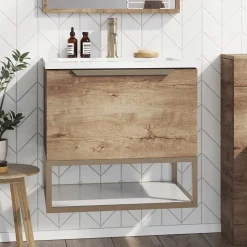 Harbour Virtue 600mm Wall Hung Vanity Unit with LED Illumination, Brushed Brass Frame Shelf and Handle & Basin