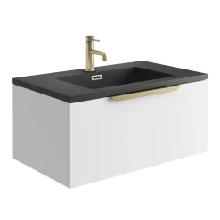 Harbour Virtue 800mm Wall Hung Vanity Unit with LED Illumination, Brushed Brass Handle & Basin