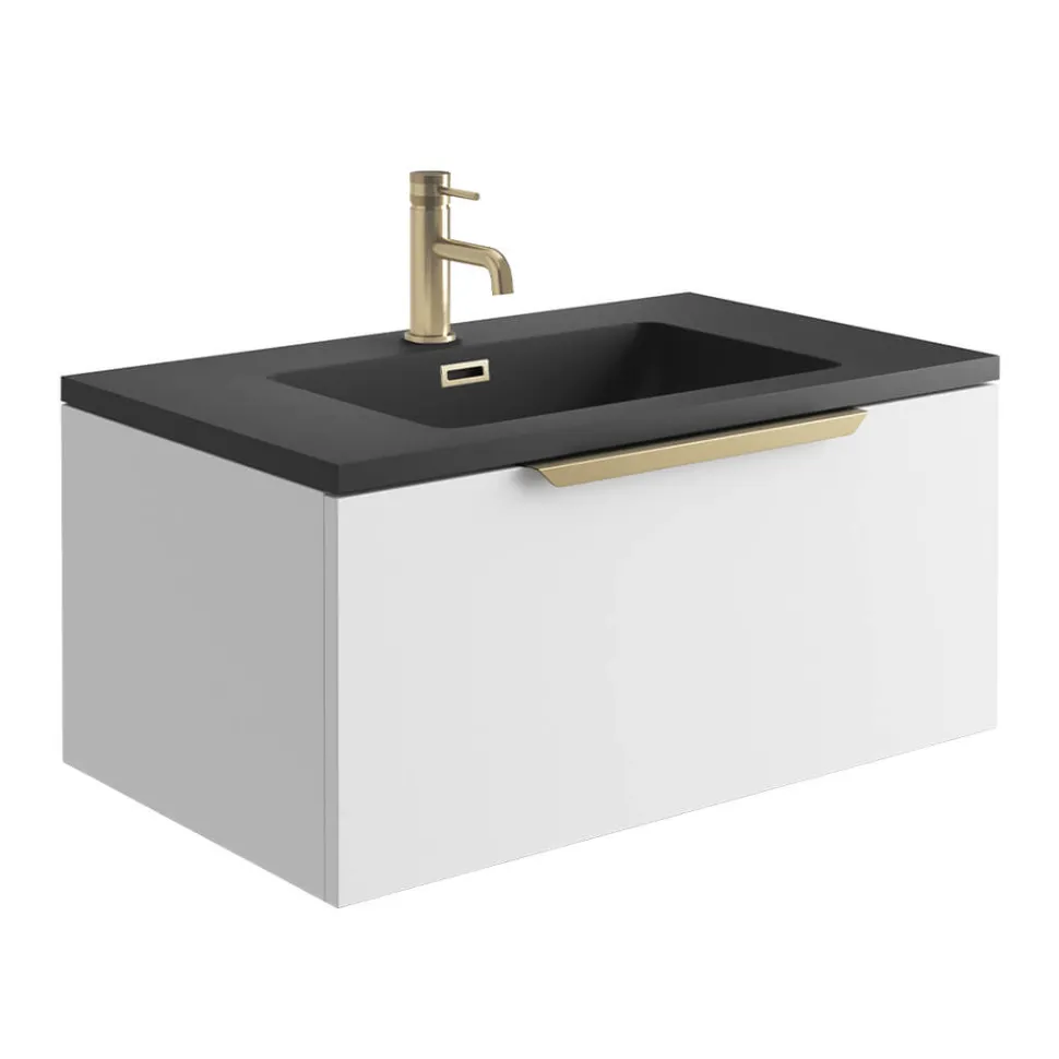 Harbour Virtue 800mm Wall Hung Vanity Unit with LED Illumination, Brushed Brass Handle & Basin
