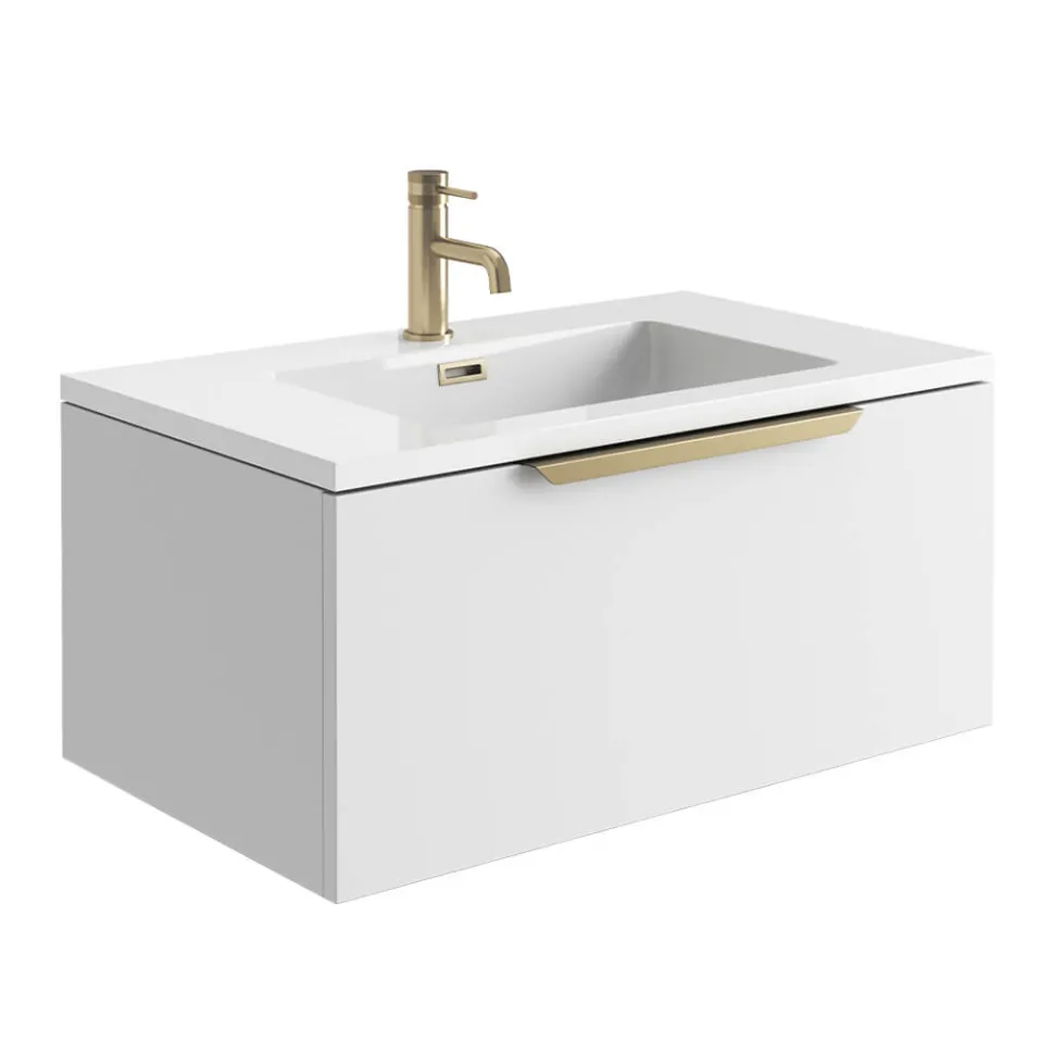 Harbour Virtue 800mm Wall Hung Vanity Unit with LED Illumination, Brushed Brass Handle & Basin