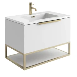 Harbour Virtue 800mm Wall Hung Vanity Unit with LED Illumination, Brushed Brass Frame Shelf and Handle & Basin