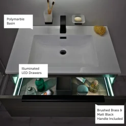 Harbour Virtue 800mm Wall Hung Vanity Unit with LED Illumination, Brushed Brass Frame Shelf and Handle & Basin