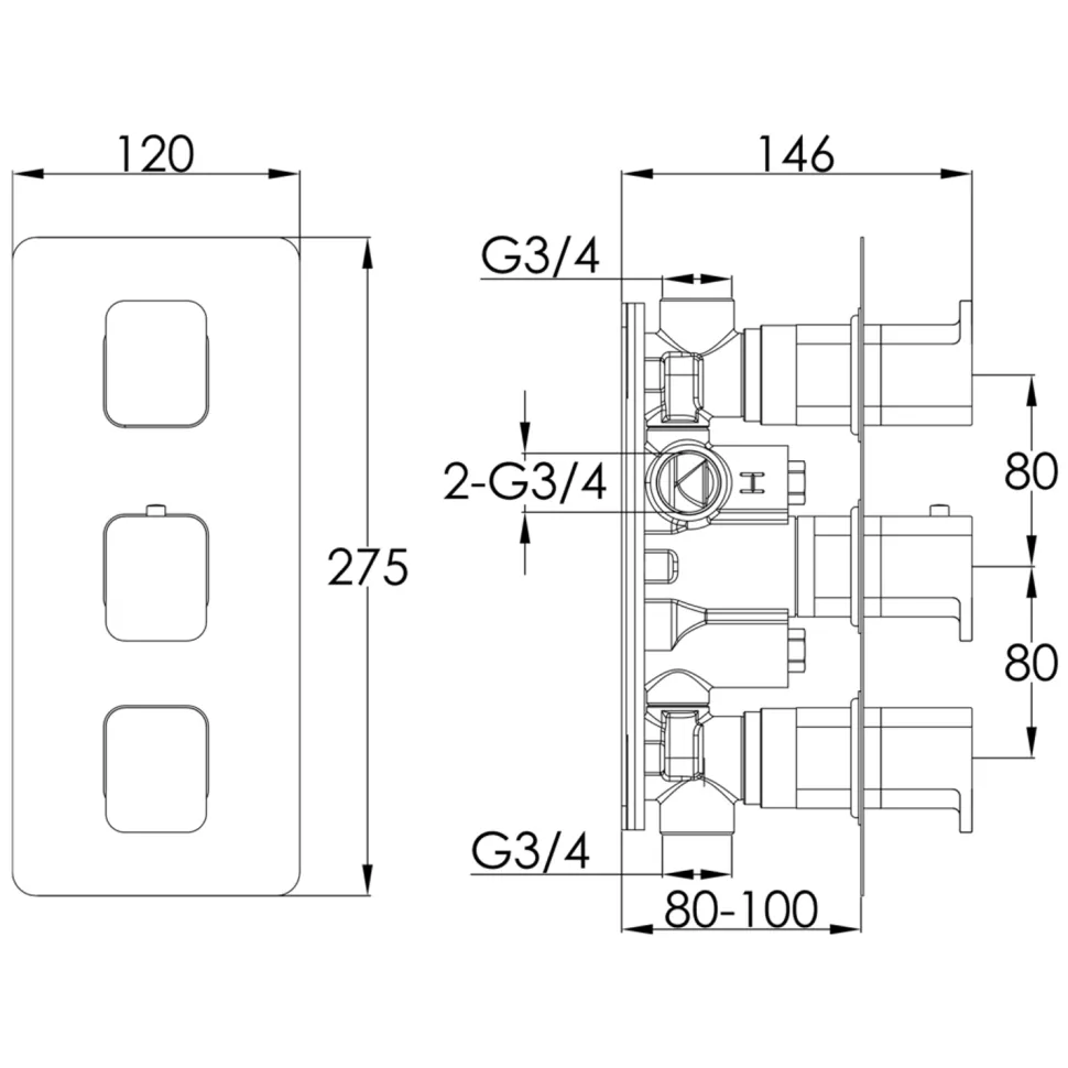 HIX 3 Handle 2 Outlet Concealed Thermostatic Vertical Shower Valve