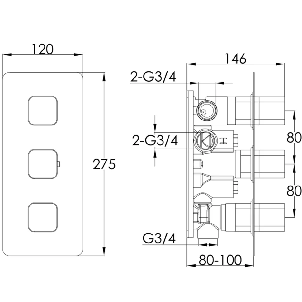 HIX 3 Handle 3 Outlet Concealed Thermostatic Horizontal Shower Valve