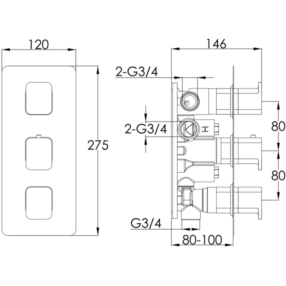 HIX 3 Handle 3 Outlet Concealed Thermostatic Vertical Shower Valve