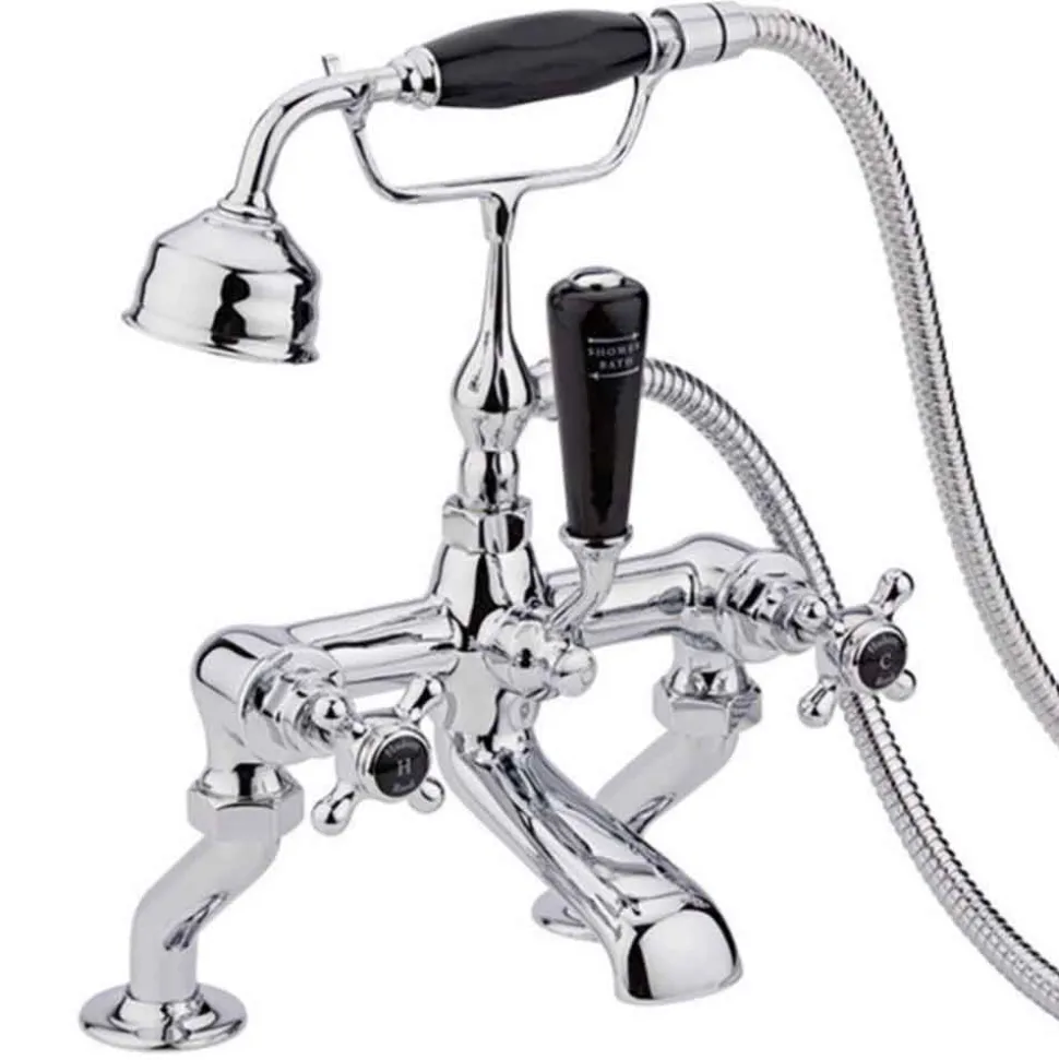 Hudson Reed Black Topaz Crosshead Deck Mounted Bath Shower Mixer with Handset Kit & Hexagonal Collar