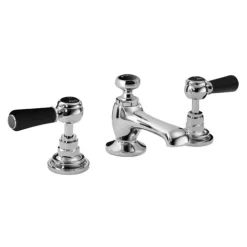 Hudson Reed Black Topaz Lever 3 Tap Hole Basin Mixer With Hexagonal Collars & Pop-up Waste