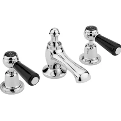 Hudson Reed Black Topaz Lever 3 Tap Hole Basin Mixer With Dome Collars & Waste