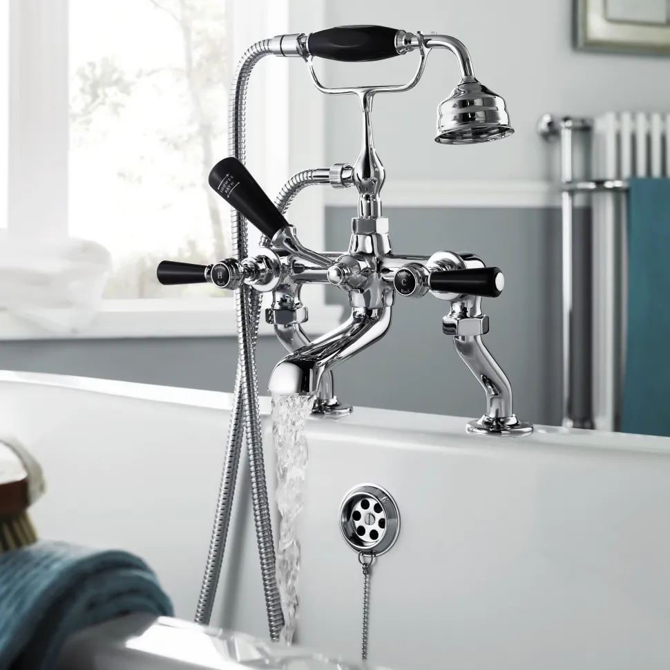 Hudson Reed Black Topaz Lever Deck Mounted Bath Shower Mixer with Handset Kit & Hexagonal Collars