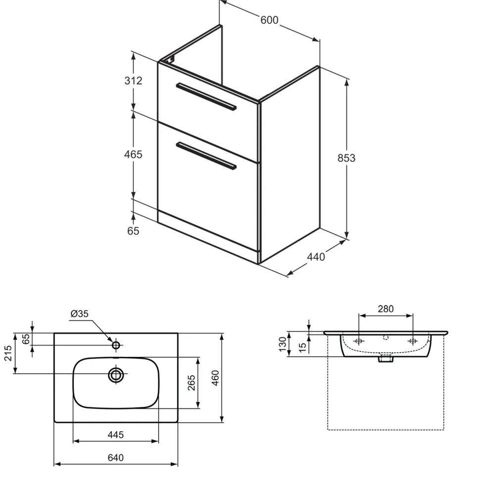 Ideal Standard i.life A 640mm Floorstanding 2 Drawer Vanity Unit & Basin