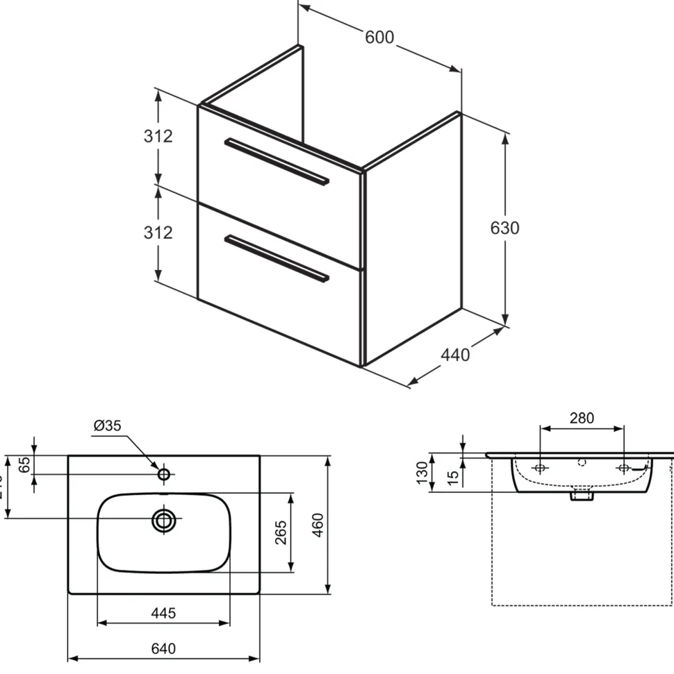 Ideal Standard i.life A 640mm Wall Mounted 2 Drawer Vanity Unit & Basin