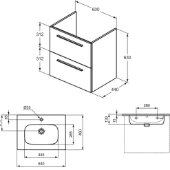 Ideal Standard i.life A 640mm Wall Mounted 2 Drawer Vanity Unit & Basin