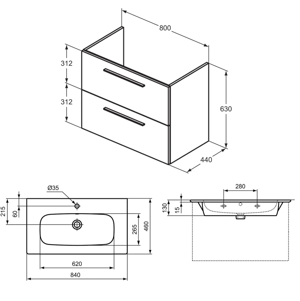 Ideal Standard i.life A 840mm Wall Mounted 2 Drawer Vanity Unit & Basin