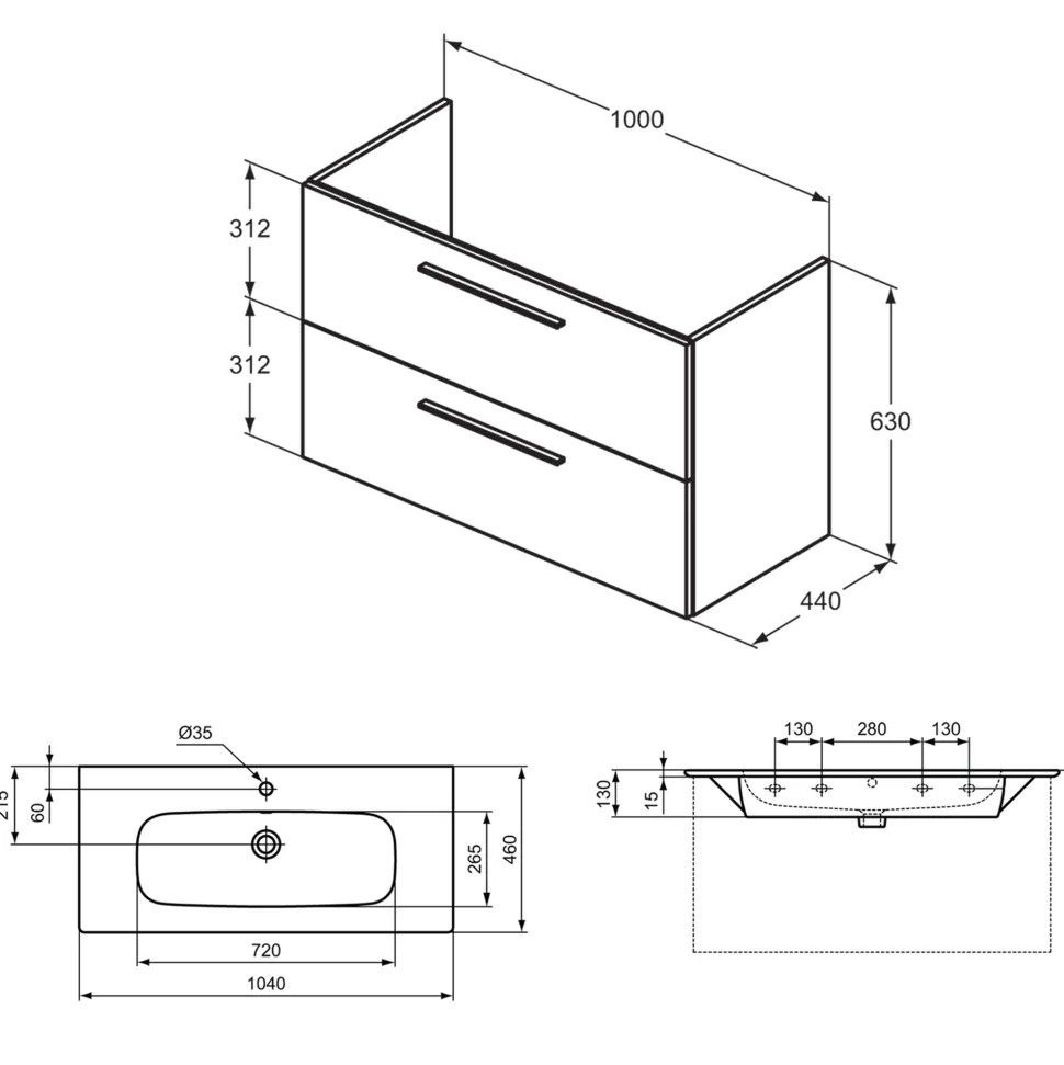 Ideal Standard i.life A 1040mm Wall Mounted 2 Drawer Vanity Unit & Basin