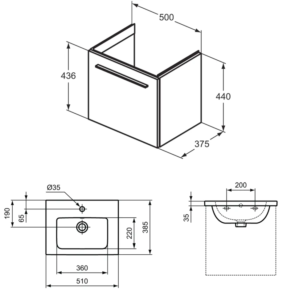 Ideal Standard i.life S 500mm Wall Mounted 1 Drawer Compact Vanity Unit & Basin