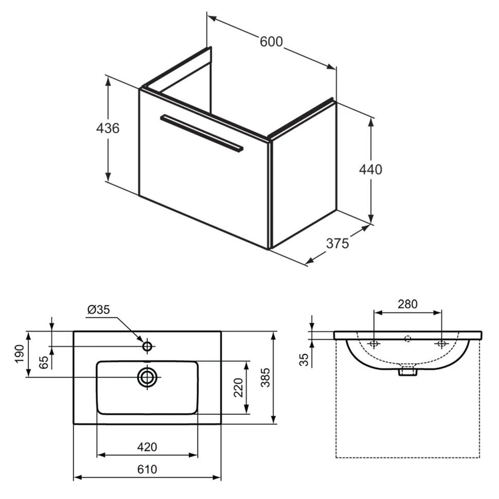 Ideal Standard i.life S 600mm Wall Mounted 1 Drawer Compact Vanity Unit & Basin