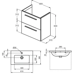 Ideal Standard i.life S 600mm Wall Mounted 2 Drawer Compact Vanity Unit & Basin